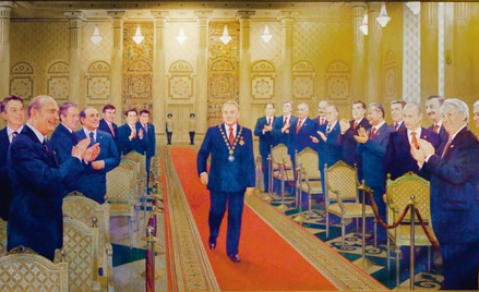 „Inauguracja prezydenta Nursułtana Nazarbajewa” (2006 r., płótno, autor nieznany). Warto odnotować, 