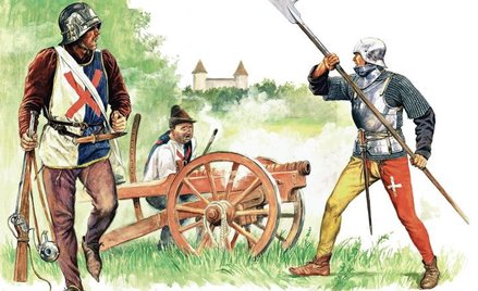 Burgundzki piechur w hełmie typu salada z zasłoną, uzbrojony w rusznicę lontową i sztylet. Obok dzia