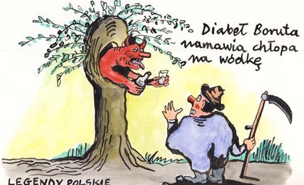 Komentarz rysunkowy. Diabeł Boruta namawia chłopa