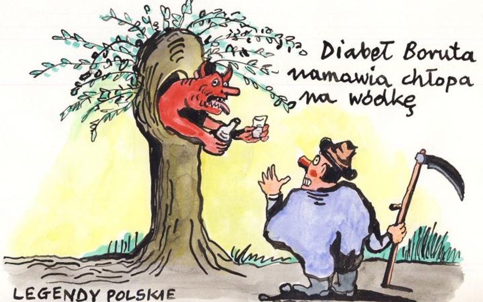 Komentarz rysunkowy. Diabeł Boruta namawia chłopa