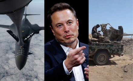 Od lewej: Amerykański bombowiec B-1 Lancer, Elon Musk, bojownik sił rządowych Jemenu biorący udział 