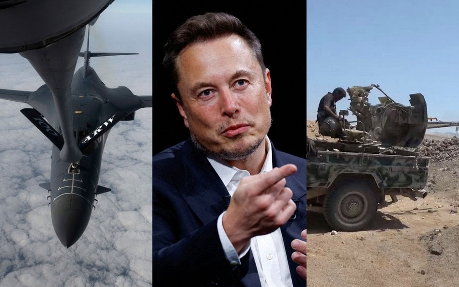 Od lewej: Amerykański bombowiec B-1 Lancer, Elon Musk, bojownik sił rządowych Jemenu biorący udział 