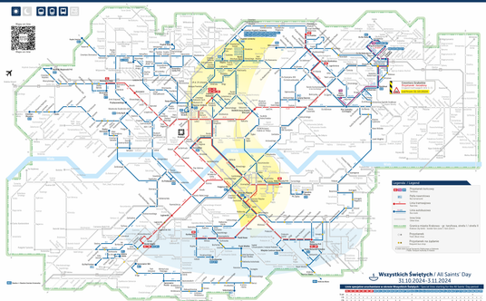 Komunikacja miejska w Krakowie w okresie Wszystkich Świętych 2024 - mapa