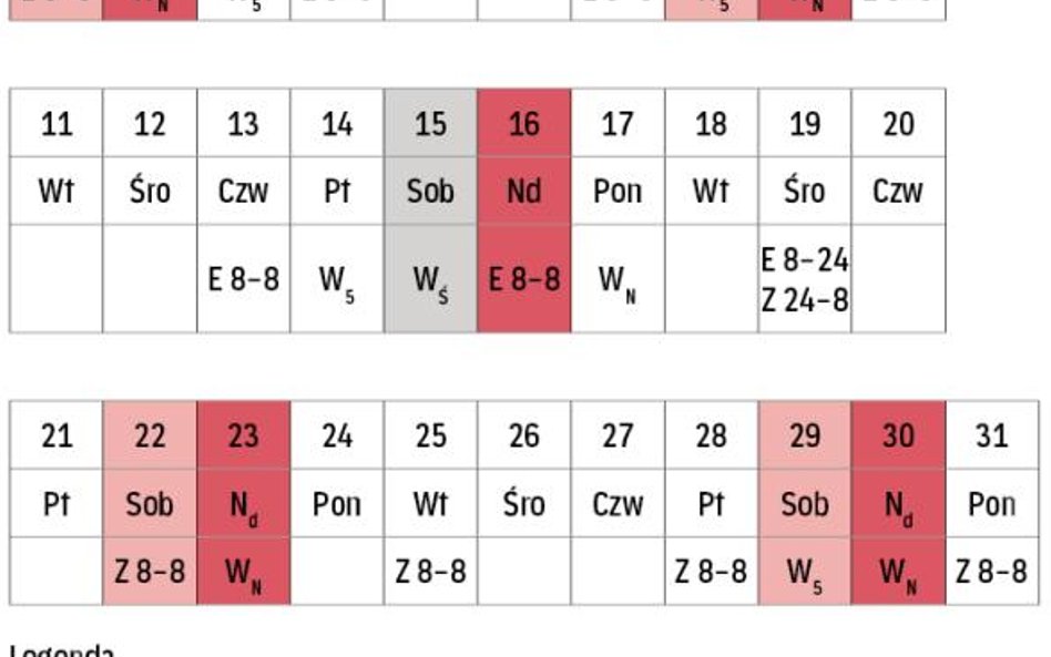 Sierpniowy rozkład pracy ochroniarki w przychodni lekarskiej