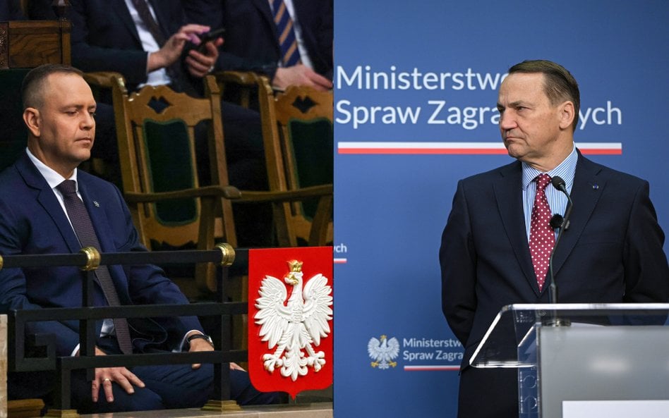 Prezydent RP Karol Nawrocki (L) na sali obrad Sejmu oraz wicepremier, minister spraw zagranicznych R