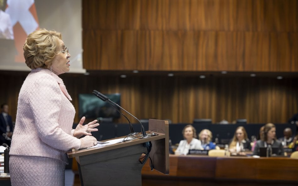 Walentyna Matwijenko, przewodnicząca izby wyższej parlamentu Rosji podczas przemówienia w Genewie