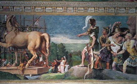 Budowa konia trojańskiego, fresk z Palazzo Ducale w Mantui, XV wiek, Bridgeman Art Library