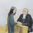 Szkic przedstawiający Meng Wanzhou stającą przed sądem