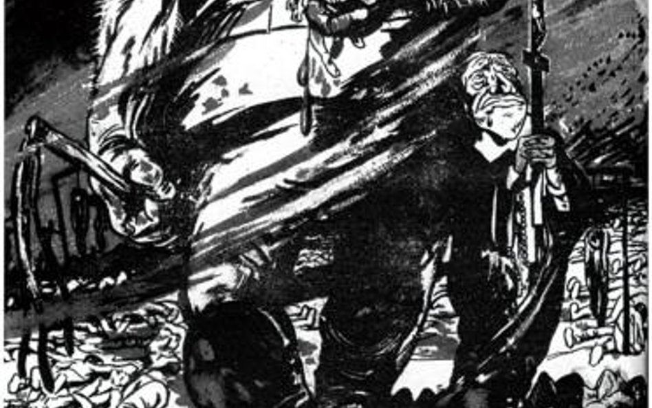 „Knutem i krzyżem. Pańska przechadzka po zachodniej Ukrainie”. Karykatura sowiecka z 1930 r.