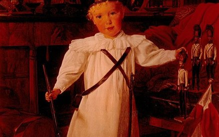 Przyszły cesarz Franciszek Józef w wieku dwóch lat z drewnianymi żołnierzykami i flagą