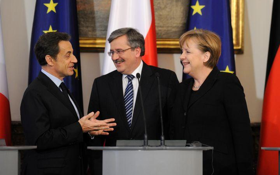 Przywódcy Francji, Polski i Niemiec: Nicolas Sarkozy, Bronisław Komorowski i Angela Merkel