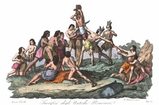 Składanie bogom ofiar z ludzi przez Inków – ręcznie kolorowany miedzioryt Migliavaccy z: Giulio Ferr
