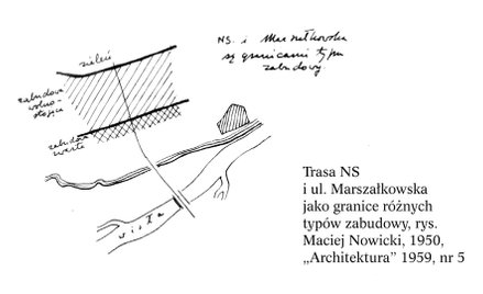 Trasa N-S (obecnie ul. Jana Pawła II) i ul. Marszałkowska jako granice różnych typów zabudowy, rys. 