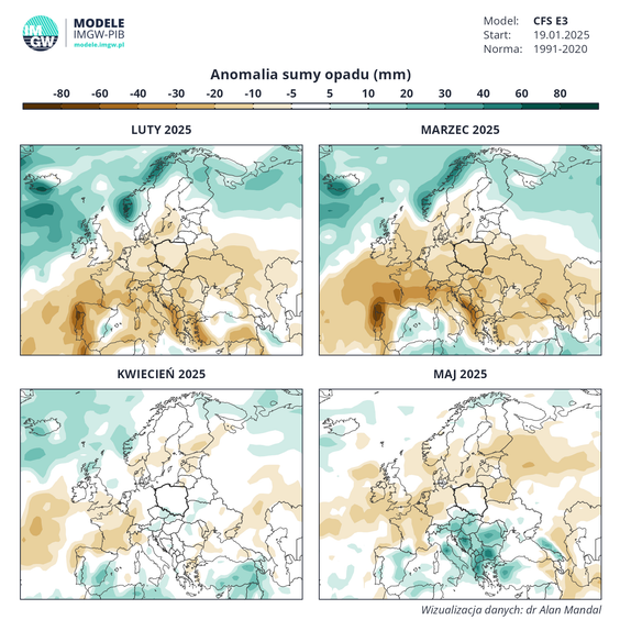 Anomalia sumy opadu w miesiącach luty-maj 2025 r.