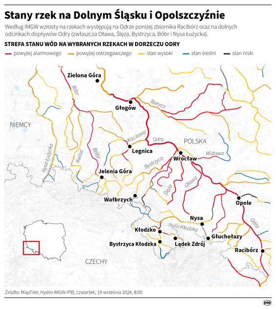 Stan rzek na Dolnym Śląsku i Opolszczyźnie (19 września, godzina 8:00)