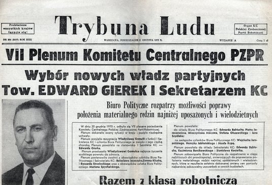 Czołówka „Trybuny Ludu” informująca o wyborze Edwarda Gierka na I sekretarza KC PZPR, a także o tym,
