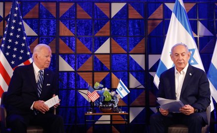Prezydent USA Joe Biden i premier Izraela Beniamin Netanjahu podczas wspólnej konferencji prasowej w