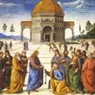 „Chrystus wręcza klucze Królestwa Niebieskiego św. Piotrowi” – fragment fresku Pietra Perugino z ok.