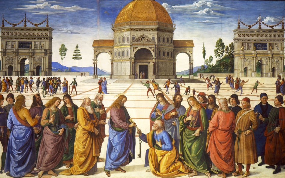 „Chrystus wręcza klucze Królestwa Niebieskiego św. Piotrowi” – fragment fresku Pietra Perugino z ok.