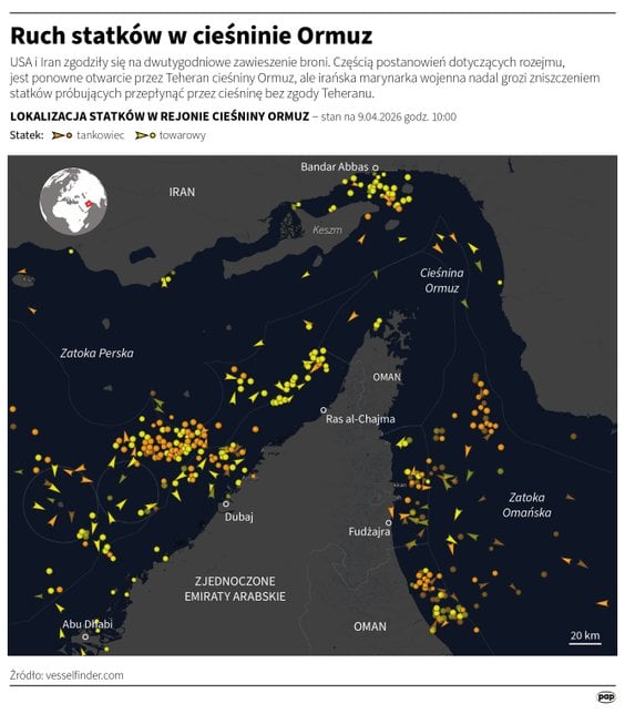 Ruch statków w Cieśninie Ormuz (stan na 9 kwietnia, godzina 10.00)