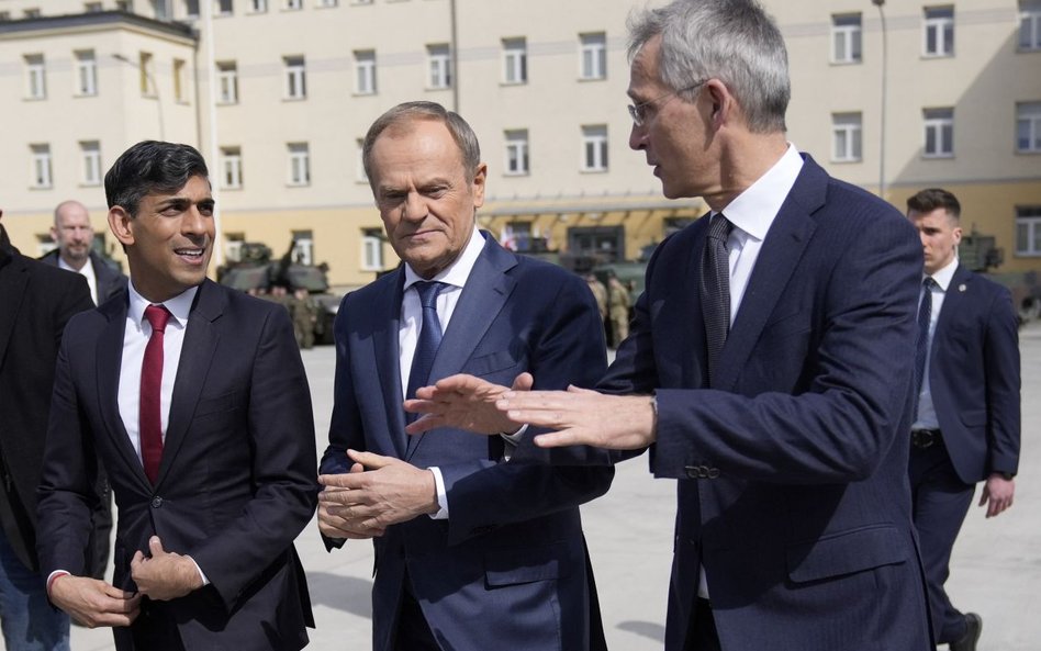 Rishi Sunak, Donald Tusk i Jens Stoltenberg w Warszawie, 23 kwietnia