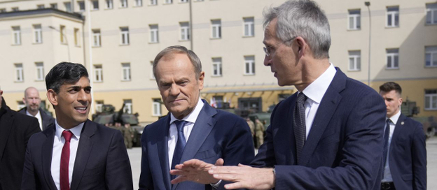 Rishi Sunak, Donald Tusk i Jens Stoltenberg w Warszawie, 23 kwietnia