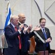 Prezydent USA Donald Trump, przewodniczący Knesetu Amir Ohana i prezydent Izraela Icchak Herzog w Kn
