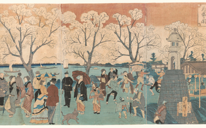 Tryptyk Hiroshige III (1842–1894) przedstawiający Japończyków i cudzoziemców spacerujących wzdłuż rz