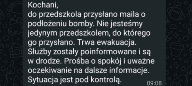 Treść informacji jaką dostali rodzice z przedszkola nr 326