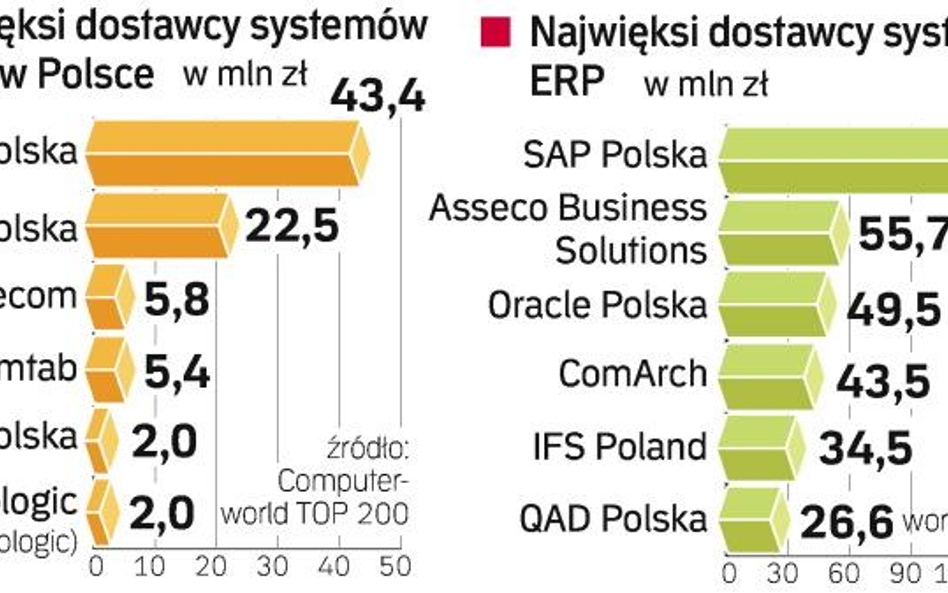 W obu sektorach niepodzielnie króluje SAP Polska. Przychody spółki ze sprzedaży w naszym kraju syste