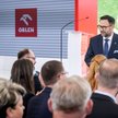 Prezes PKN Orlen Daniel Obajtek podczas konferencji prasowej w Grudziądzu.