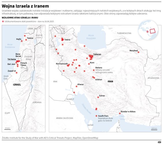 Udokumentowane miejsca ataków Izraela na Iran i Iranu na Izrael - stan na 16 czerwca (MAPA)