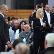 Premier Donald Tusk (C-L) i kandydatka na prezydenta Krakowa, senator KO Monika Piątkowska (C-P) na 