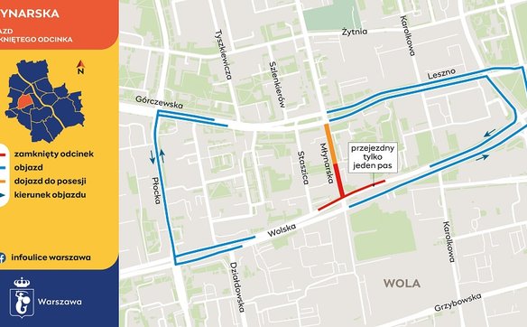 Mapa objazdów na Woli