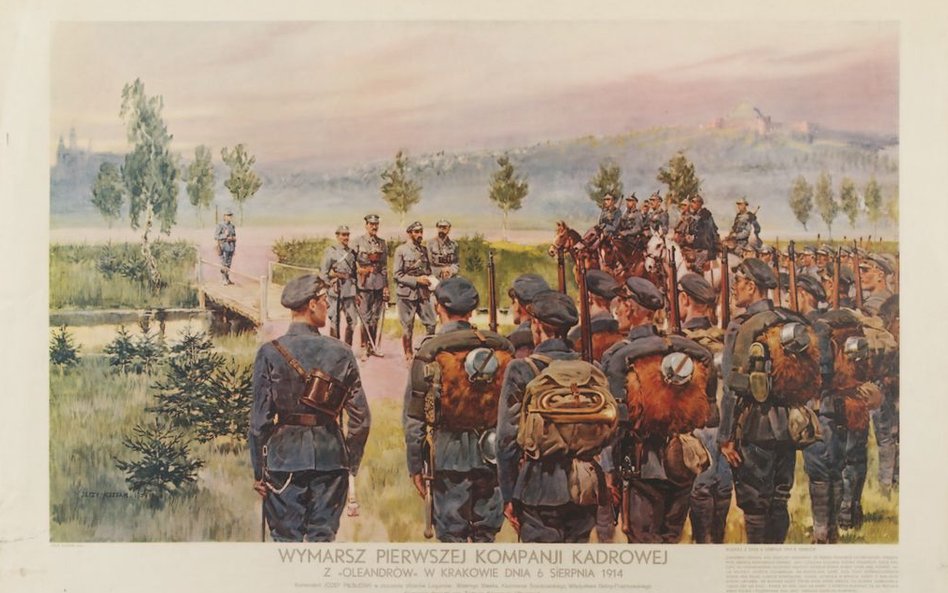 Wymarsz Pierwszej Kompanii Kadrowej z Oleandrów w Krakowie 6 sierpnia 1914, druk barwny wg. obrazu J