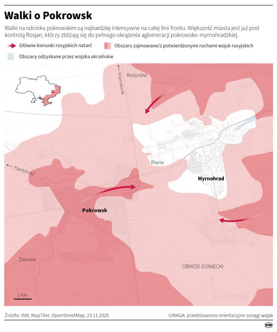 Sytuacja w rejonie Pokrowska i Myrnohradu, stan na 23 listopada (MAPA)