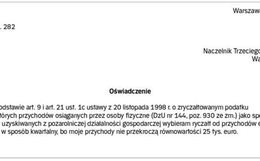Wzór oświadczenia o wyborze opodatkowania w formie ryczałtu opłacanego co kwartał