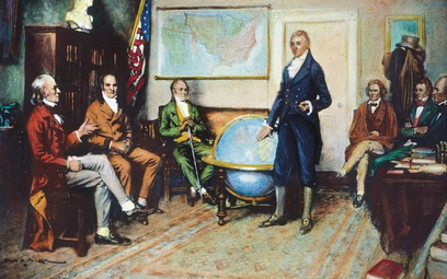 Posiedzenie gabinetu prezydenta Jamesa Monroego (pierwszy z lewej) z udziałem sekretarza stanu Johna