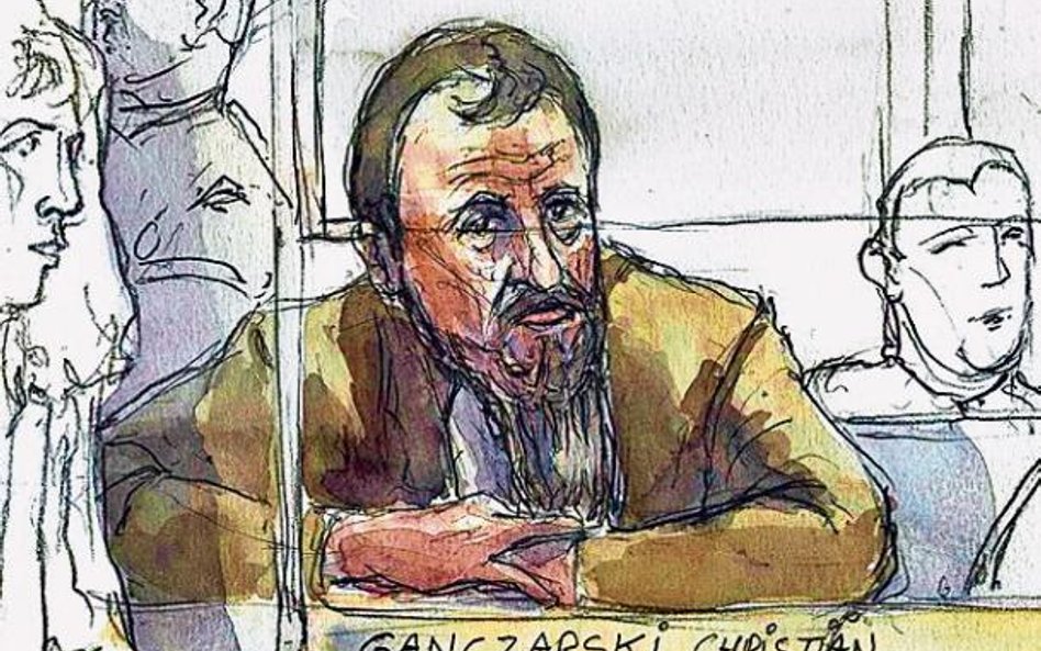 Rysunek ukazujący Christiana Ganczarskiego podczas rozprawy