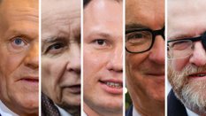 Donald Tusk, Jarosław Kaczyński, Sławomir Mentzen, Włodzimierz Czarzasty i Grzegorz Braun