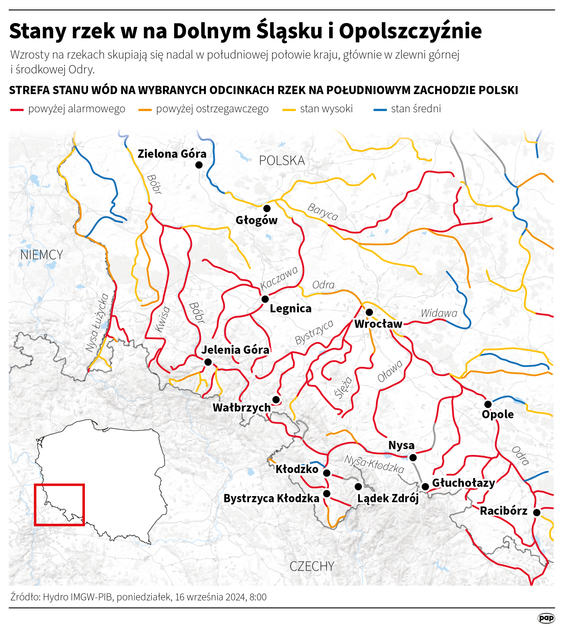 Stan rzek na Dolnym Śląsku i Opolszczyźnie (sytuacja na 16 września, 8:00)