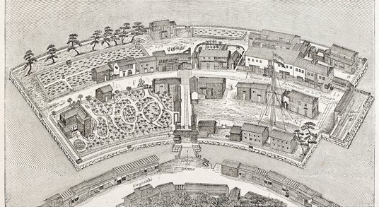 Stary plan Dejimy w Japonii, który został opublikowany w „Le Tour Du Monde” (Paryż, 1867 r.)