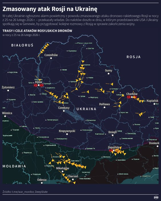 Atak Rosji na Ukrainę w nocy z 25 na 26 lutego (MAPA)