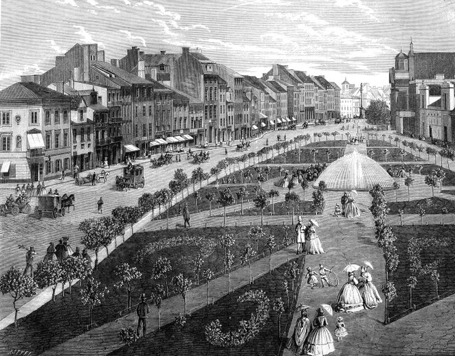 Skwer na Krakowskim Przedmieściu w drugiej połowie XIX wieku według grafiki autorstwa M. Olszyńskieg