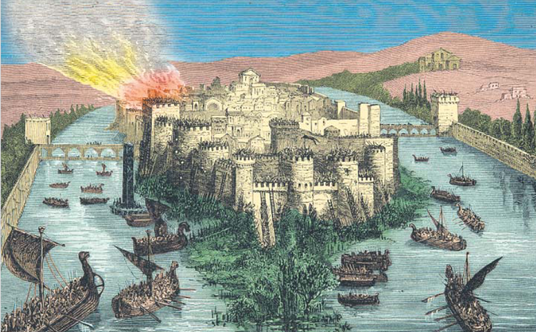 Oblężenie i zdobycie Paryża w 845 roku przez wikingów pod dowództwem Ragnara Lodbroka, rycina z XIX 