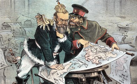 Karykatura z 1885 r.: Mikołaj II pochyla się nad „mapą wojny” – z Rosją po jednej stronie, Anglią po