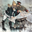 Karykatura z 1885 r.: Mikołaj II pochyla się nad „mapą wojny” – z Rosją po jednej stronie, Anglią po
