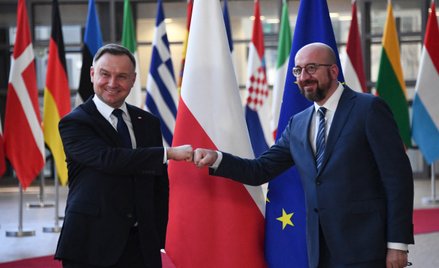 Przewodniczący Rady Europejskiej Charles Michel i prezydent RP Andrzej Duda przed spotkaniem w Bruks