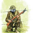Brytyjski szeregowy piechoty w masce przeciwgazowej, uzbrojony w karabin Lee-Enfield MK. III z przec