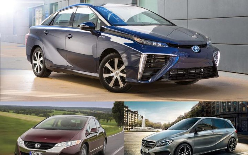 Auta już jeżdżące na wodór: Toyota Mirai (u góry), Honda Clarity (z lewej), Mercedes B (z prawej)